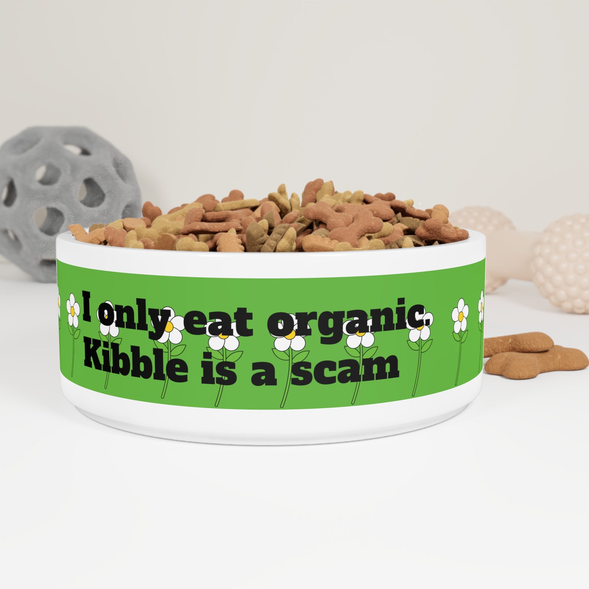 "I only eat organic. kibble is a scam" pet bowl